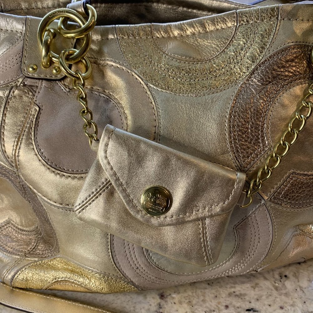 Coach Gold Inlaid Op Art Handbag 14833 Tote Crossbody - Picture 3 of 16
